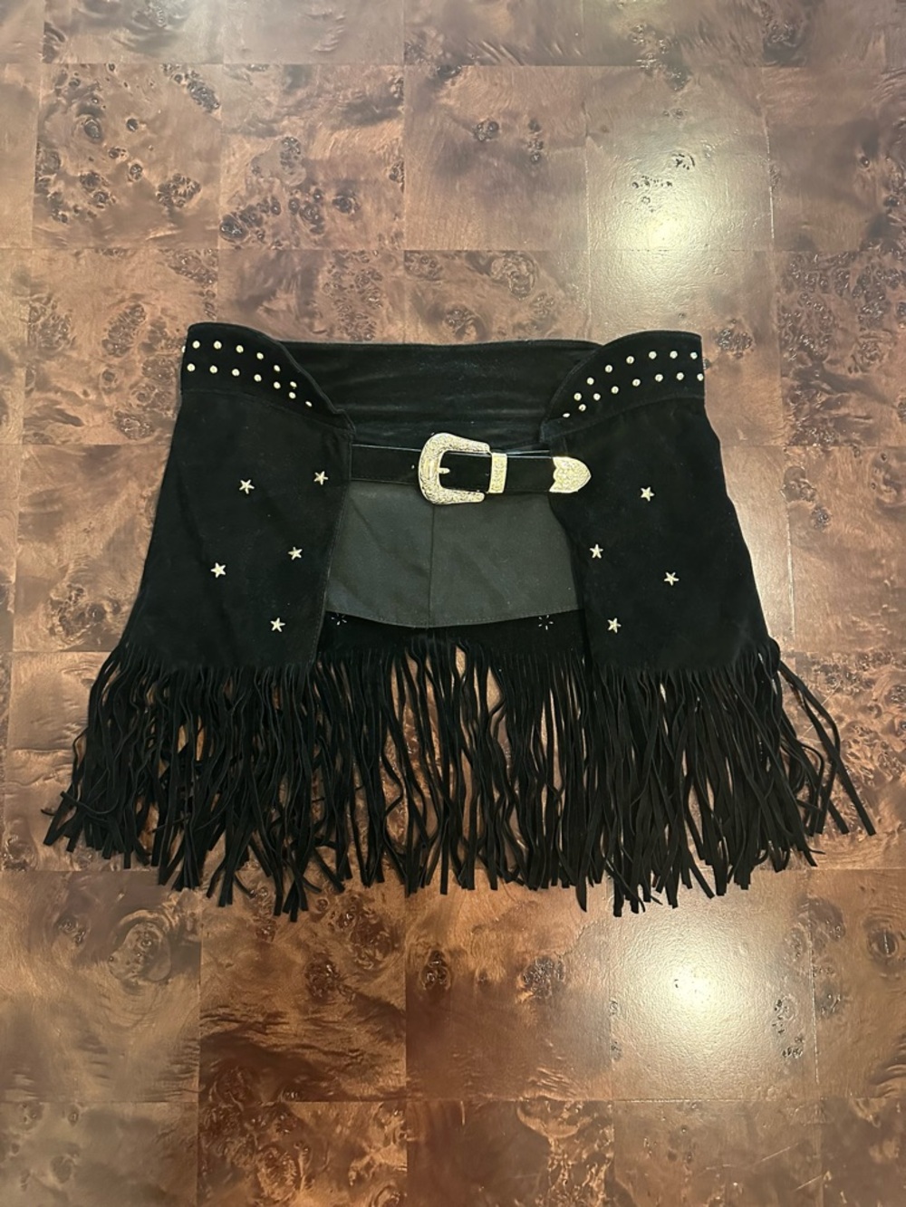 🐎 Black Fringe Festival Belt with Star Studs & Gold Buckle